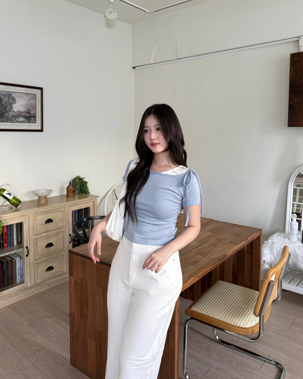 日常撞色拼接假兩件top Casual  Contrast Layered Bow Top