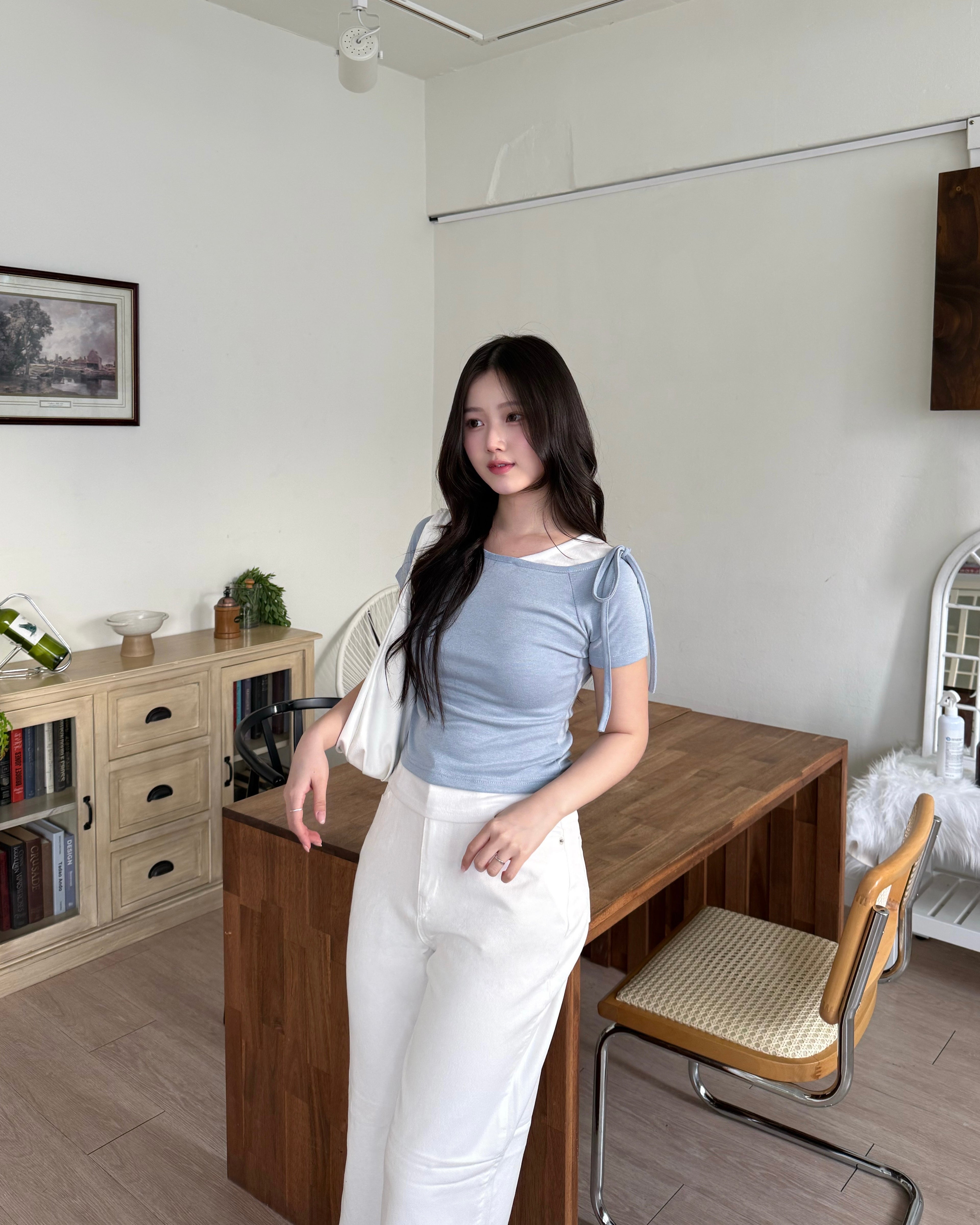 日常撞色拼接假兩件top Casual  Contrast Layered Bow Top