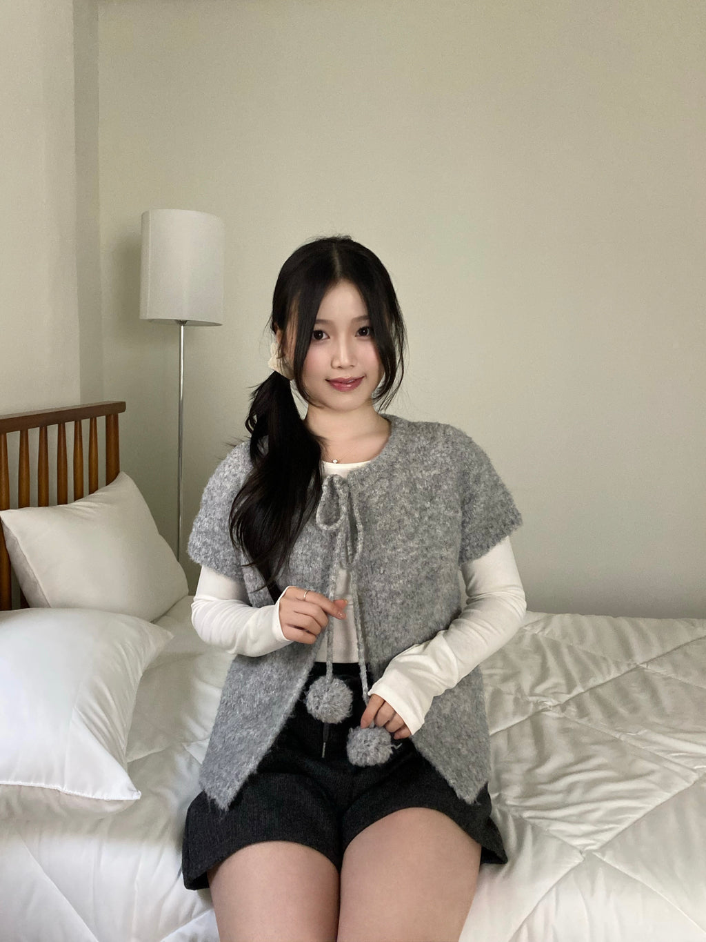 Clovery 波波綁帶針織短袖 Clovery Bobble Tie Knit Top