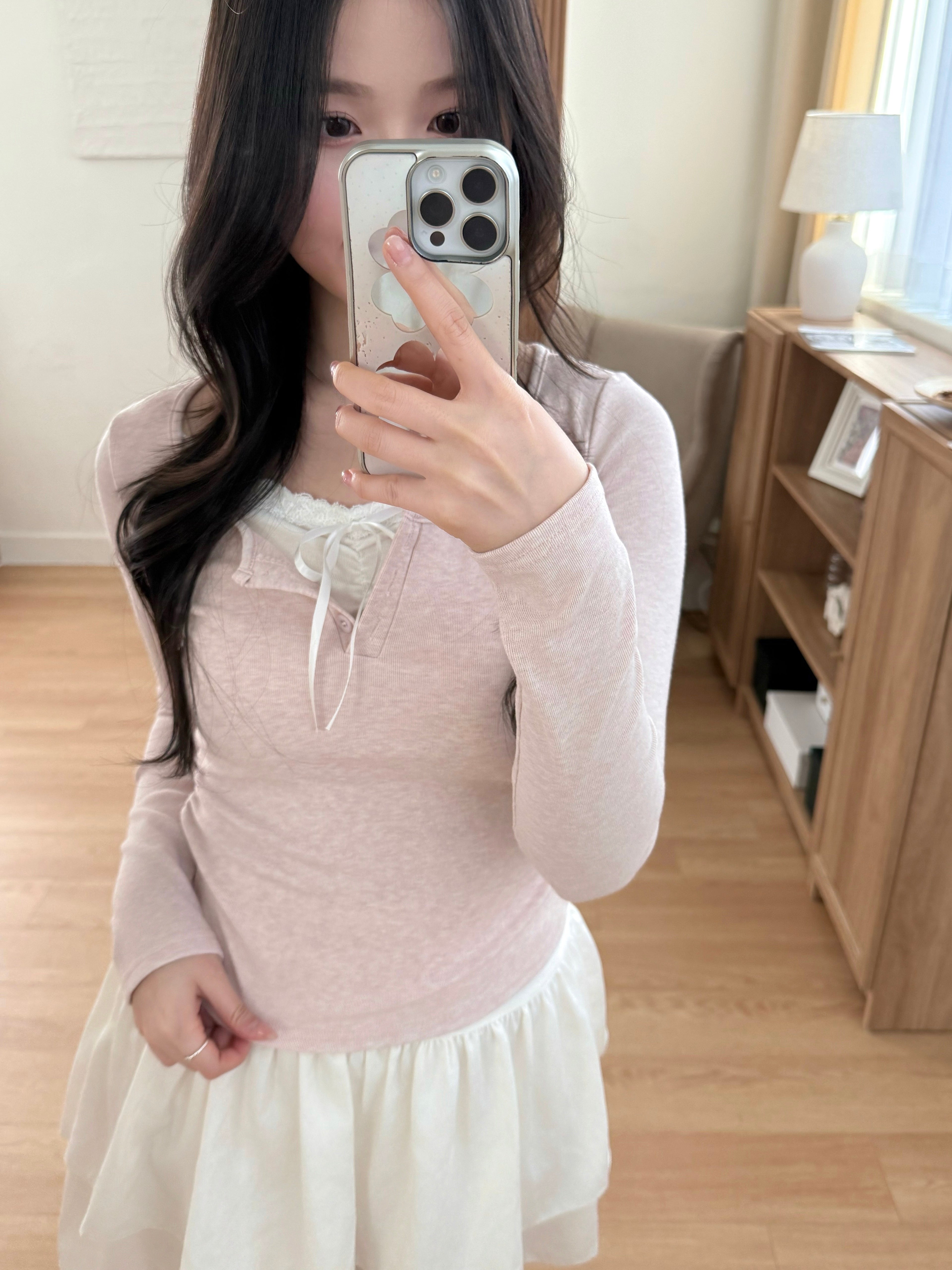 (甜美feel♡) ribbon lace假兩件top Soft Ribbon Lace Faux Layered Top
