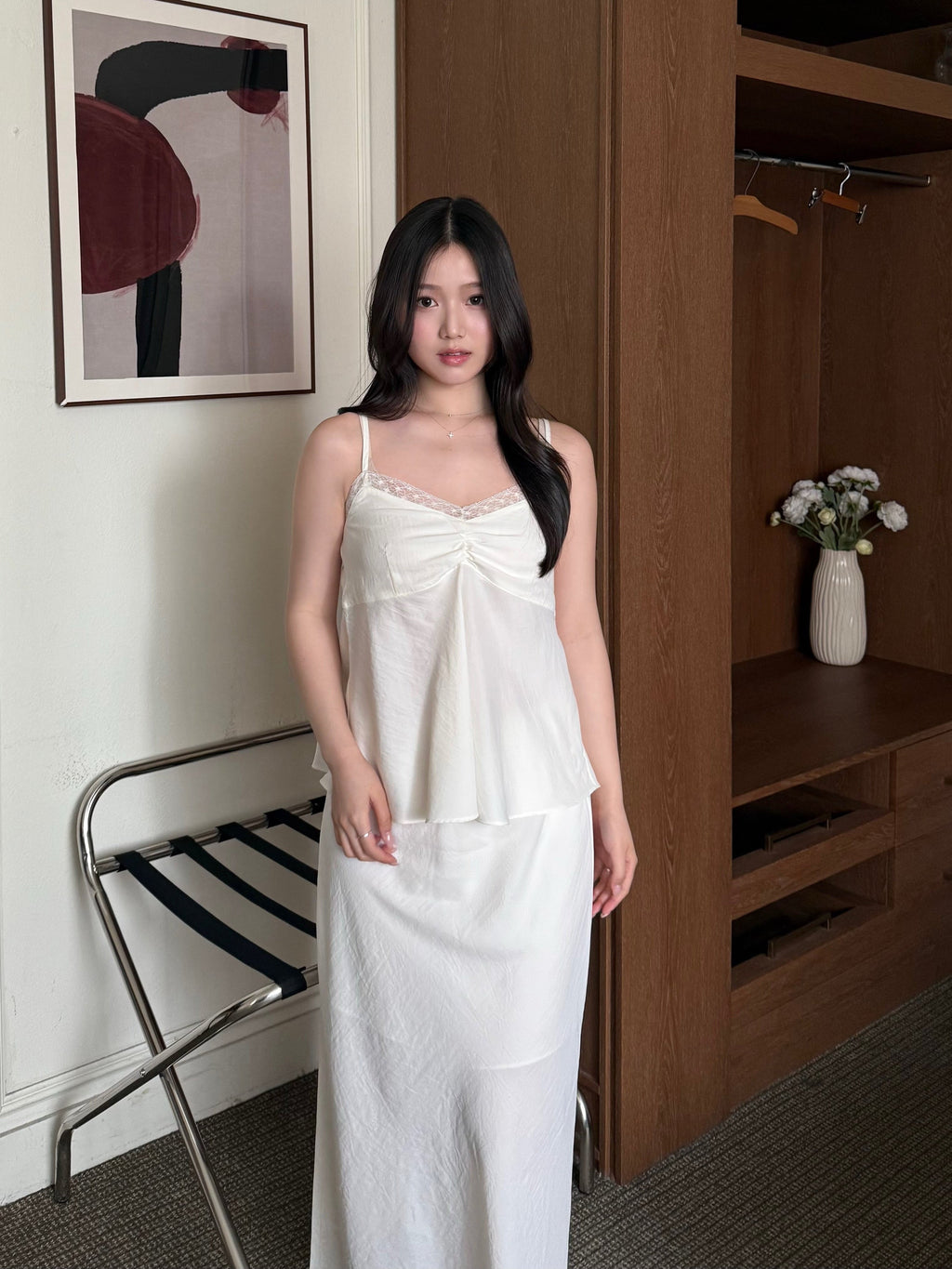 氣質溫柔lace背心長裙set | Pure White Lace Satin Two-piece Set