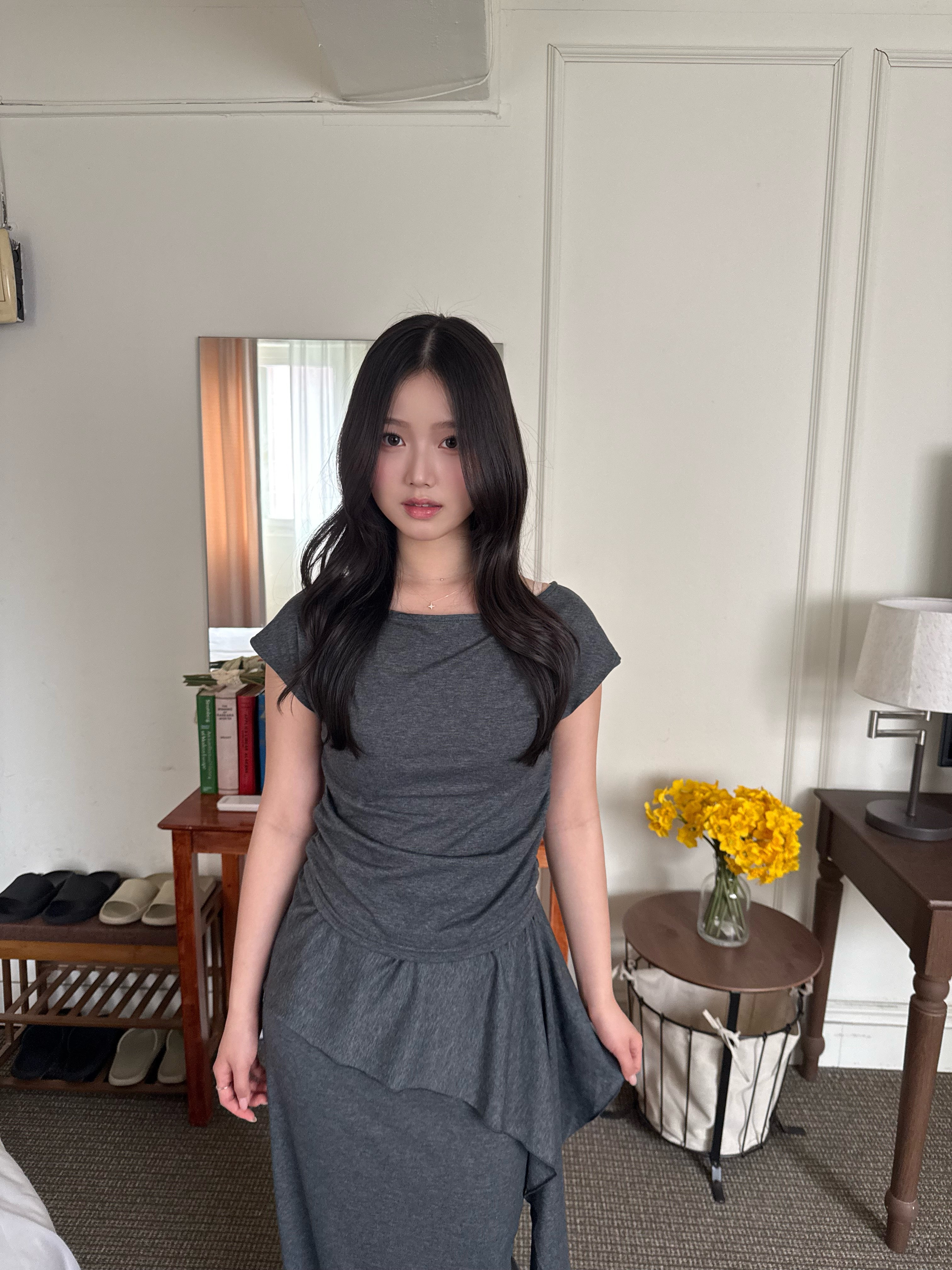 不規則抓皺垂墜短袖+長裙set	| Asymmetric Ruched Drape Set