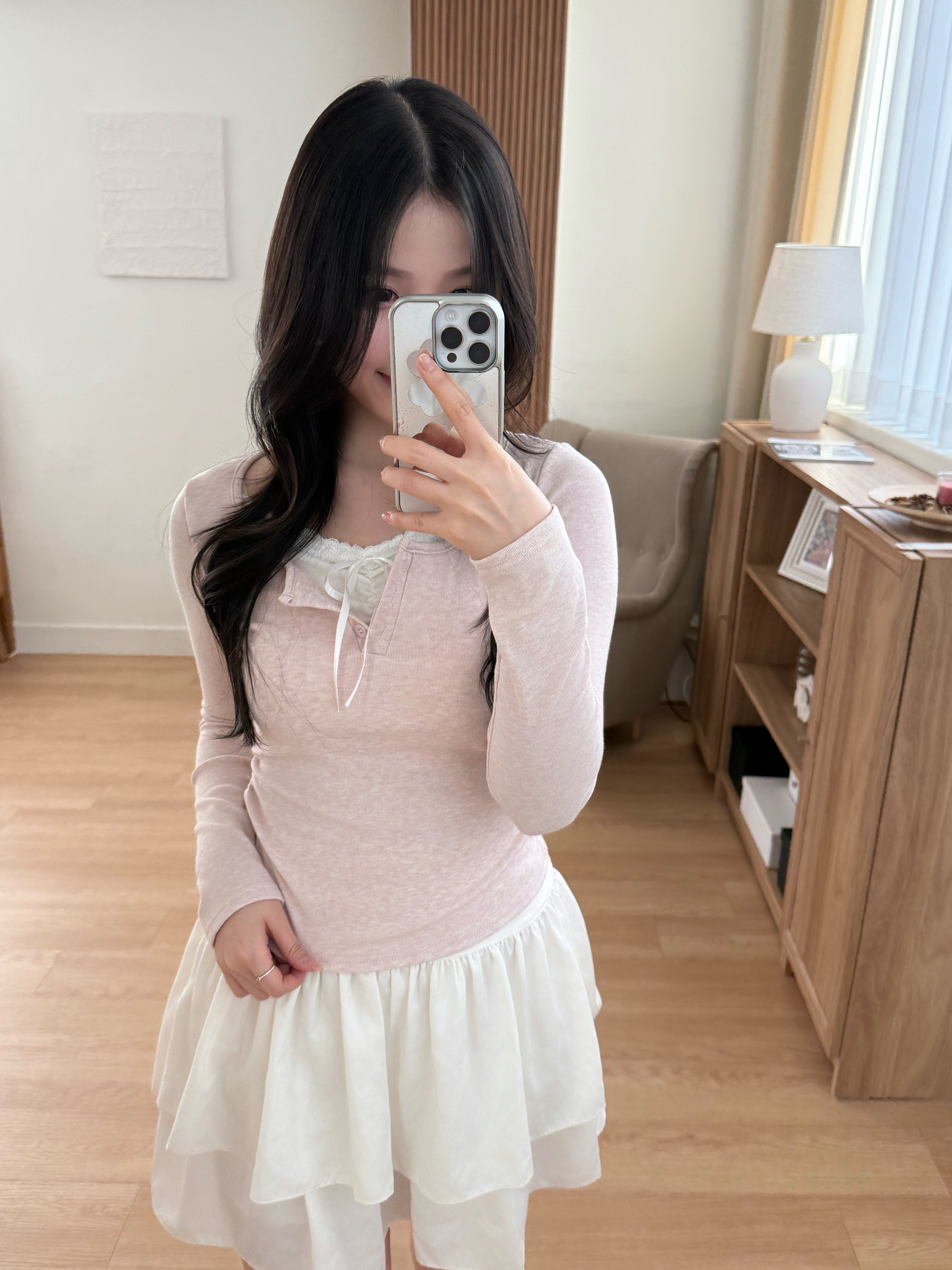 (甜美feel♡) ribbon lace假兩件top Soft Ribbon Lace Faux Layered Top