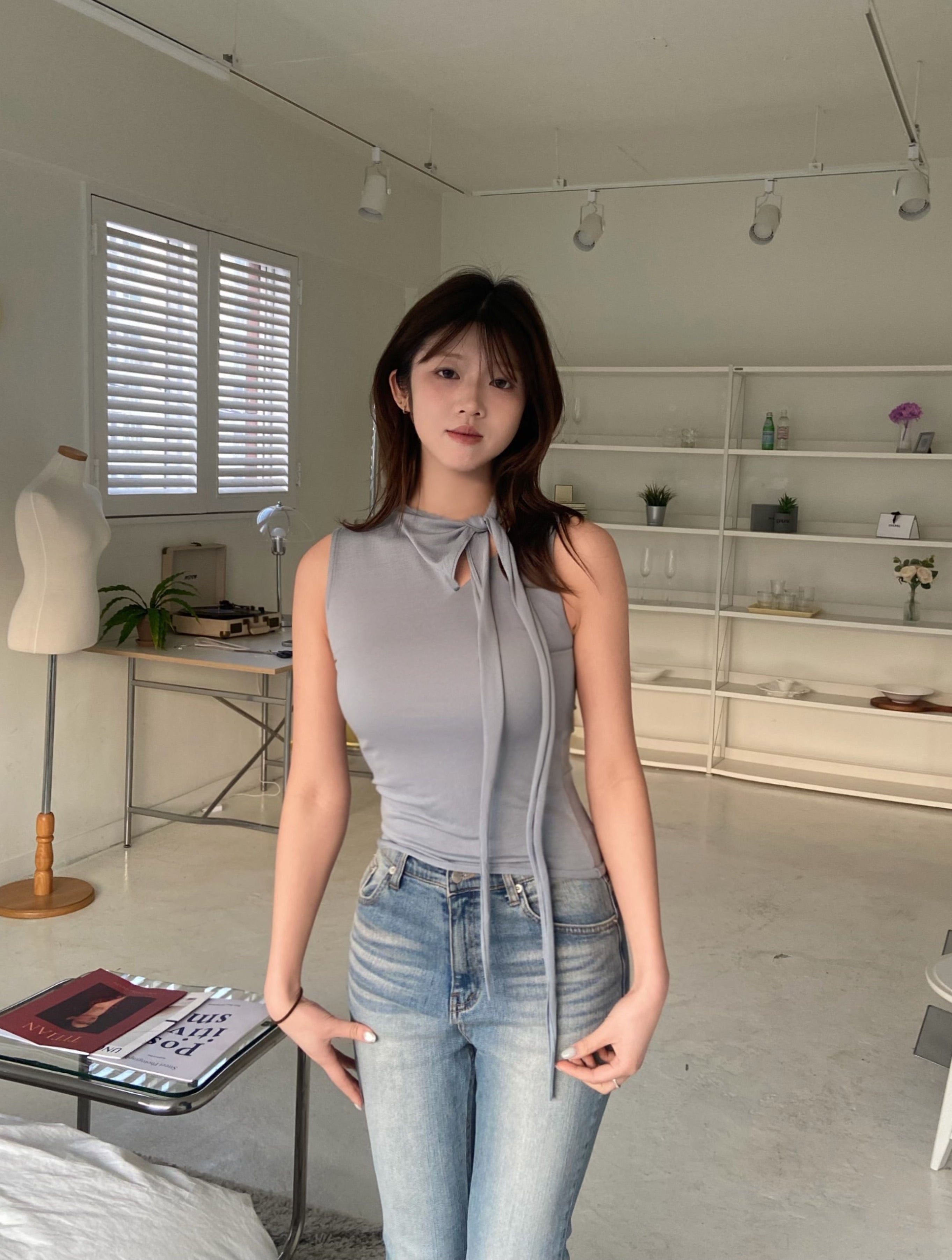 【設計感】不對稱圍巾綁帶背心 Scarf Detail Sleeveless Top