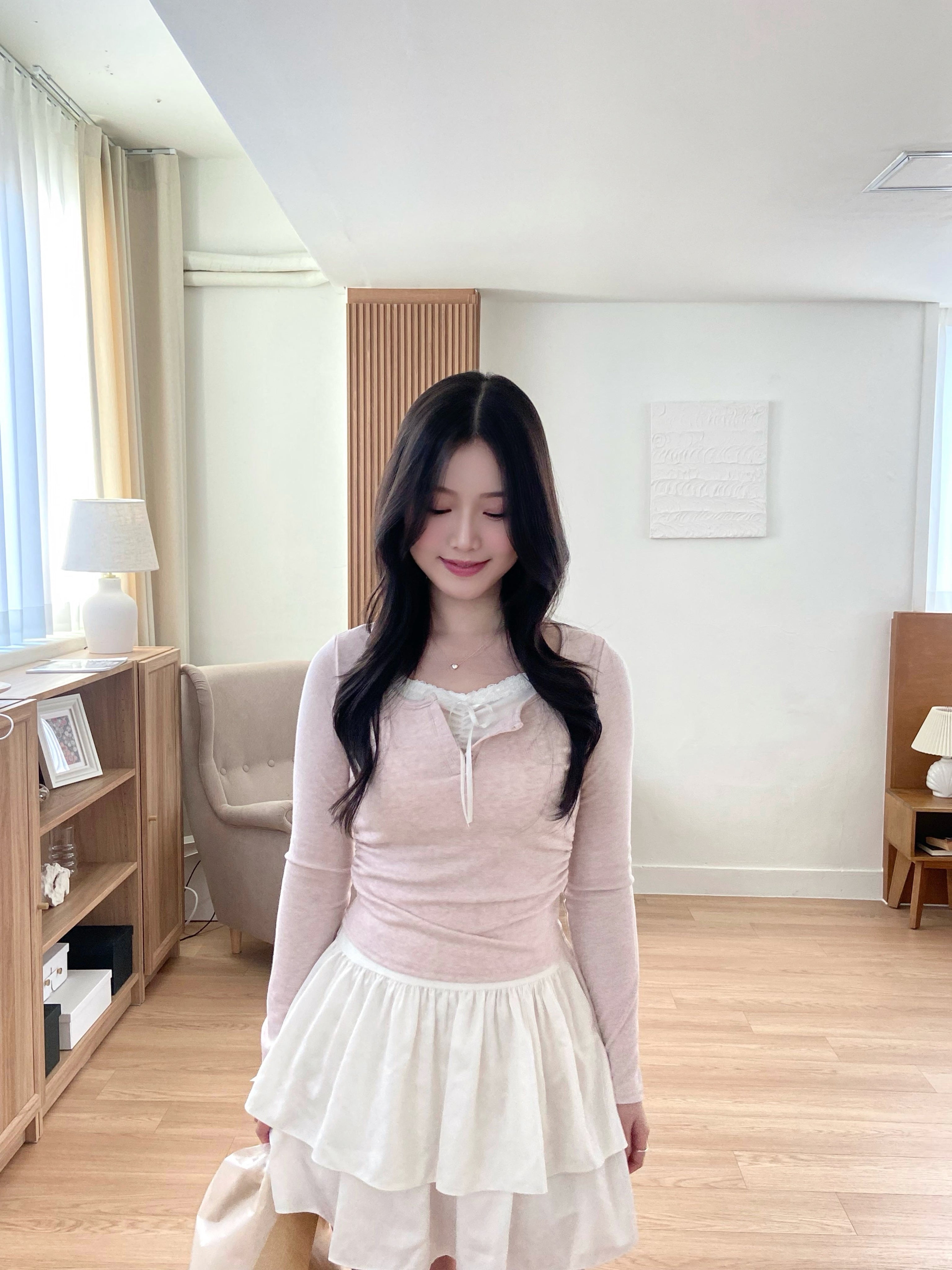 (甜美feel♡) ribbon lace假兩件top Soft Ribbon Lace Faux Layered Top