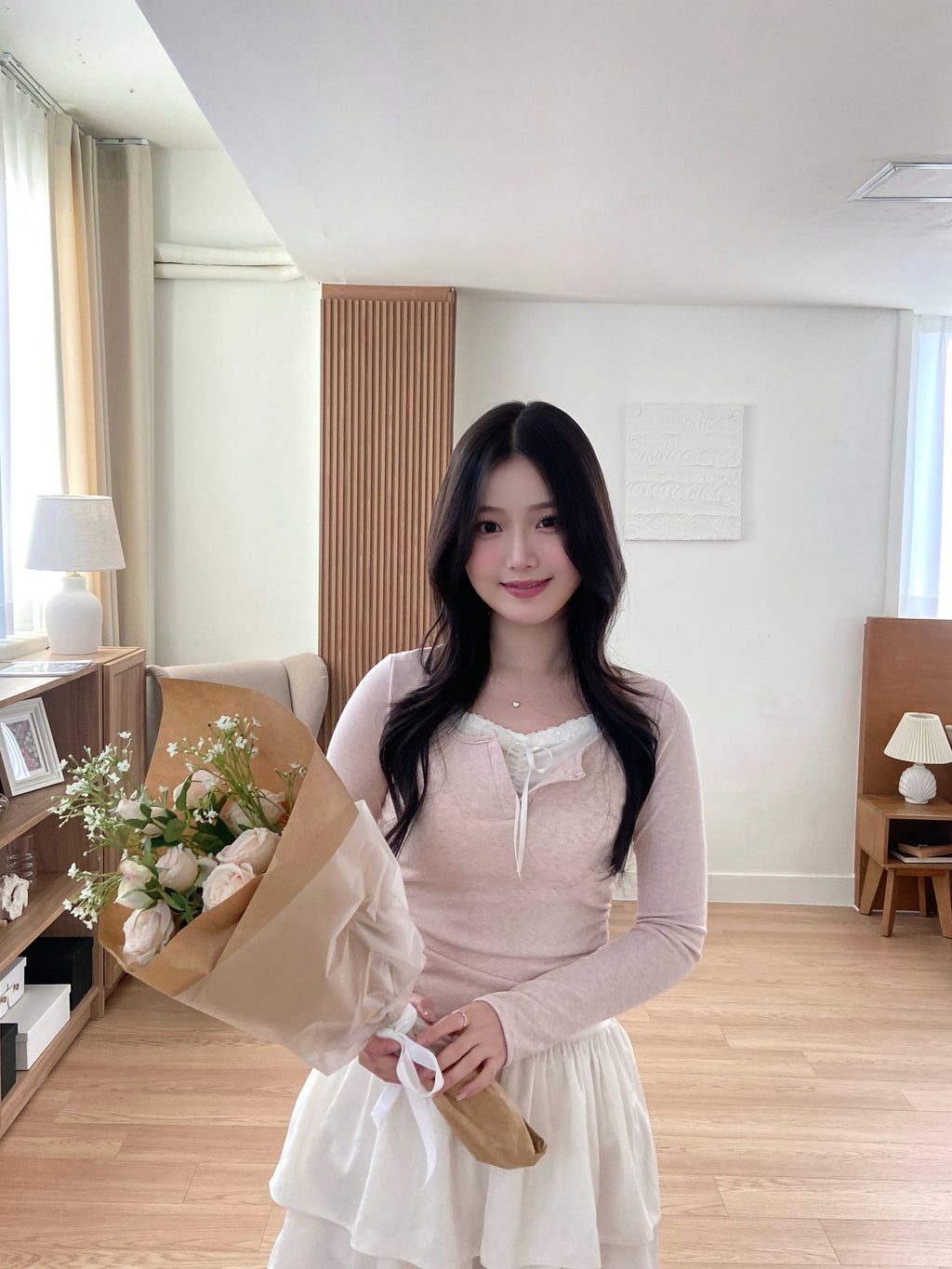 (甜美feel♡) ribbon lace假兩件top Soft Ribbon Lace Faux Layered Top