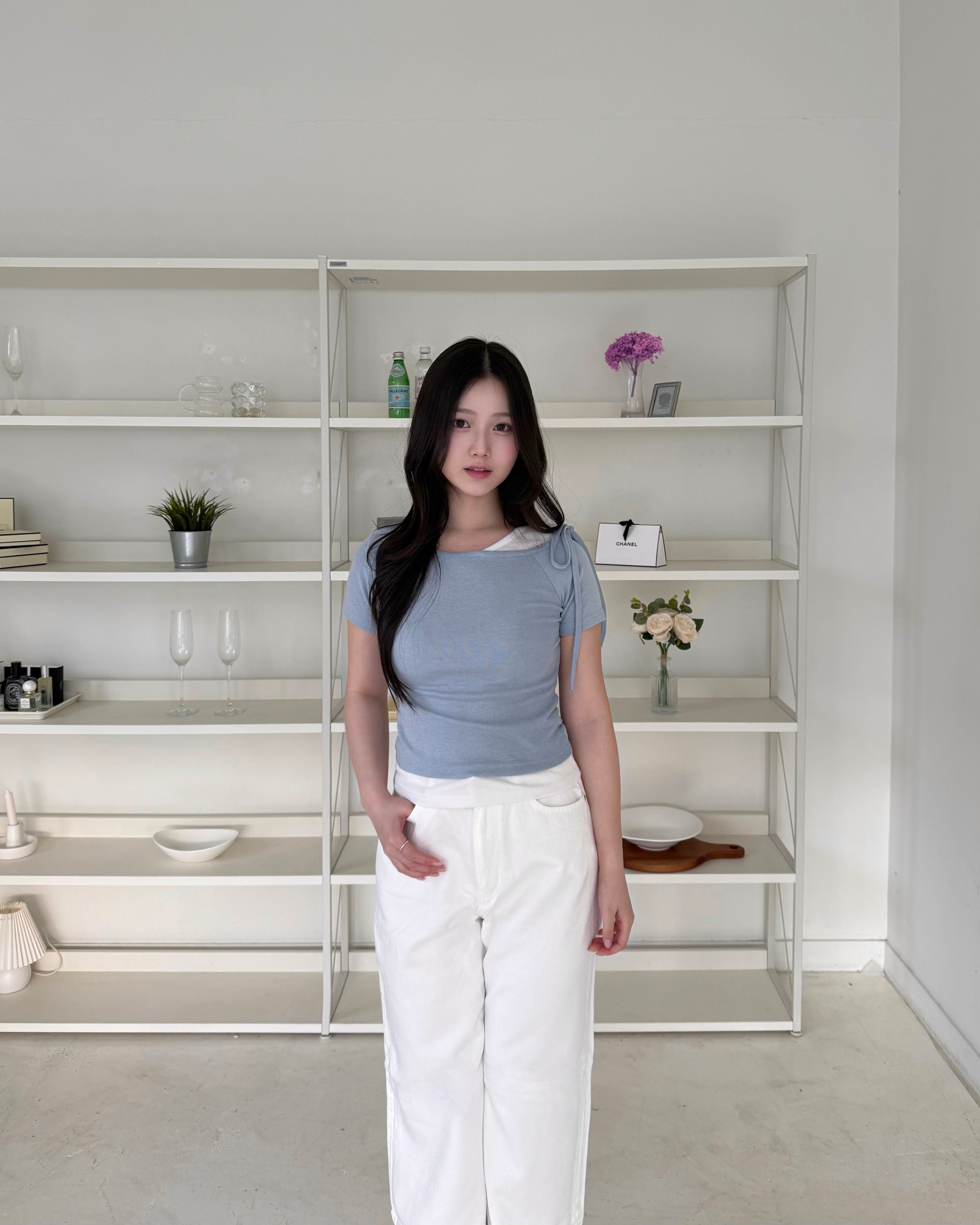 日常撞色拼接假兩件top Casual  Contrast Layered Bow Top