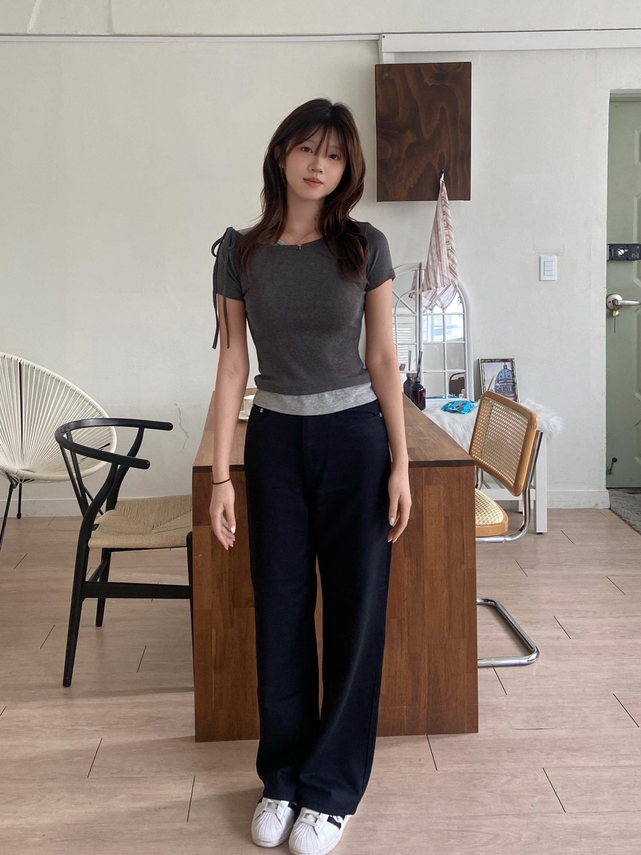 日常撞色拼接假兩件top Casual  Contrast Layered Bow Top