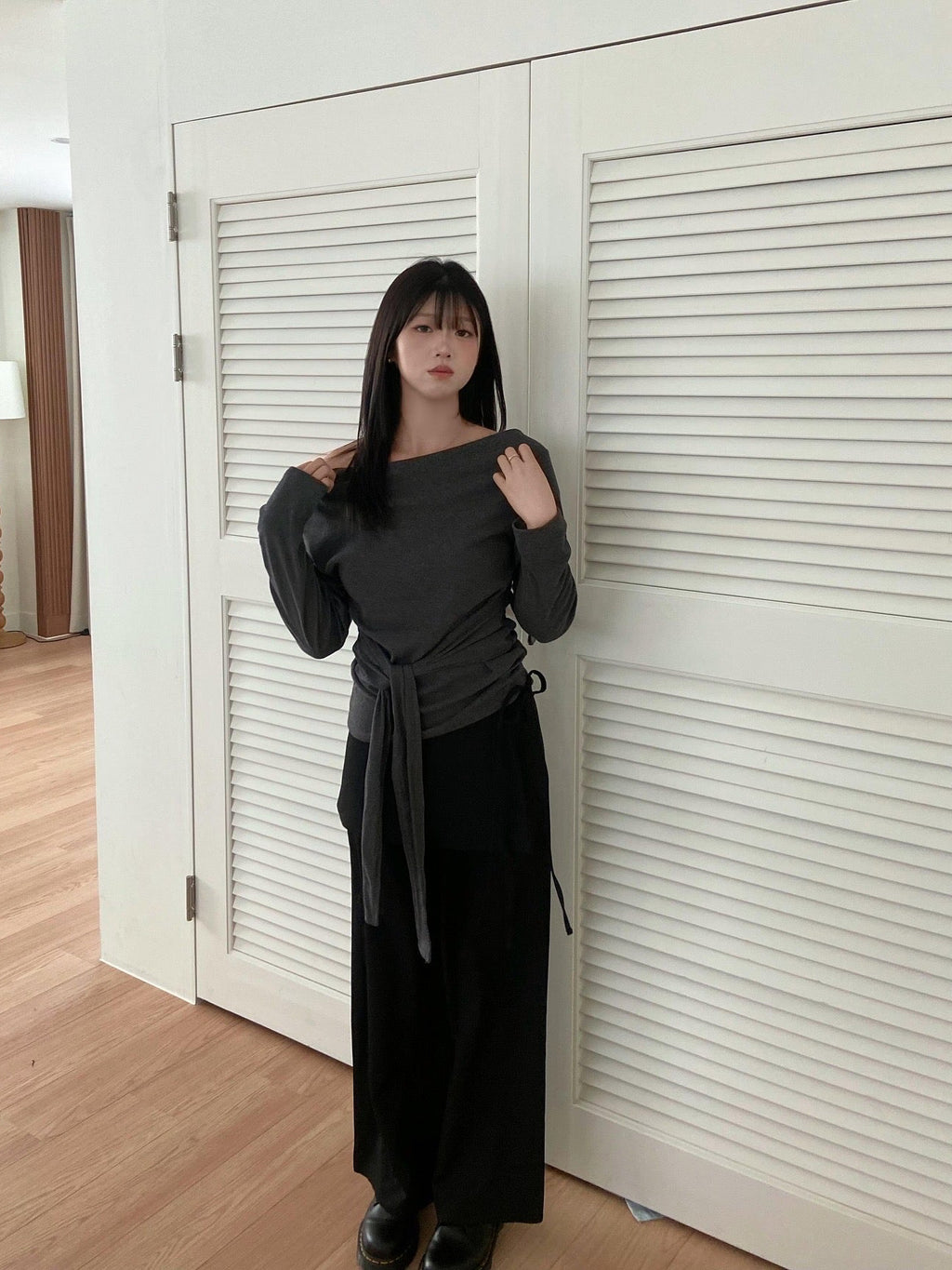 (穿搭感up!)綁帶短裙拼接直筒西褲  Ribbon-Tie Skirt-Layered Straight Pants