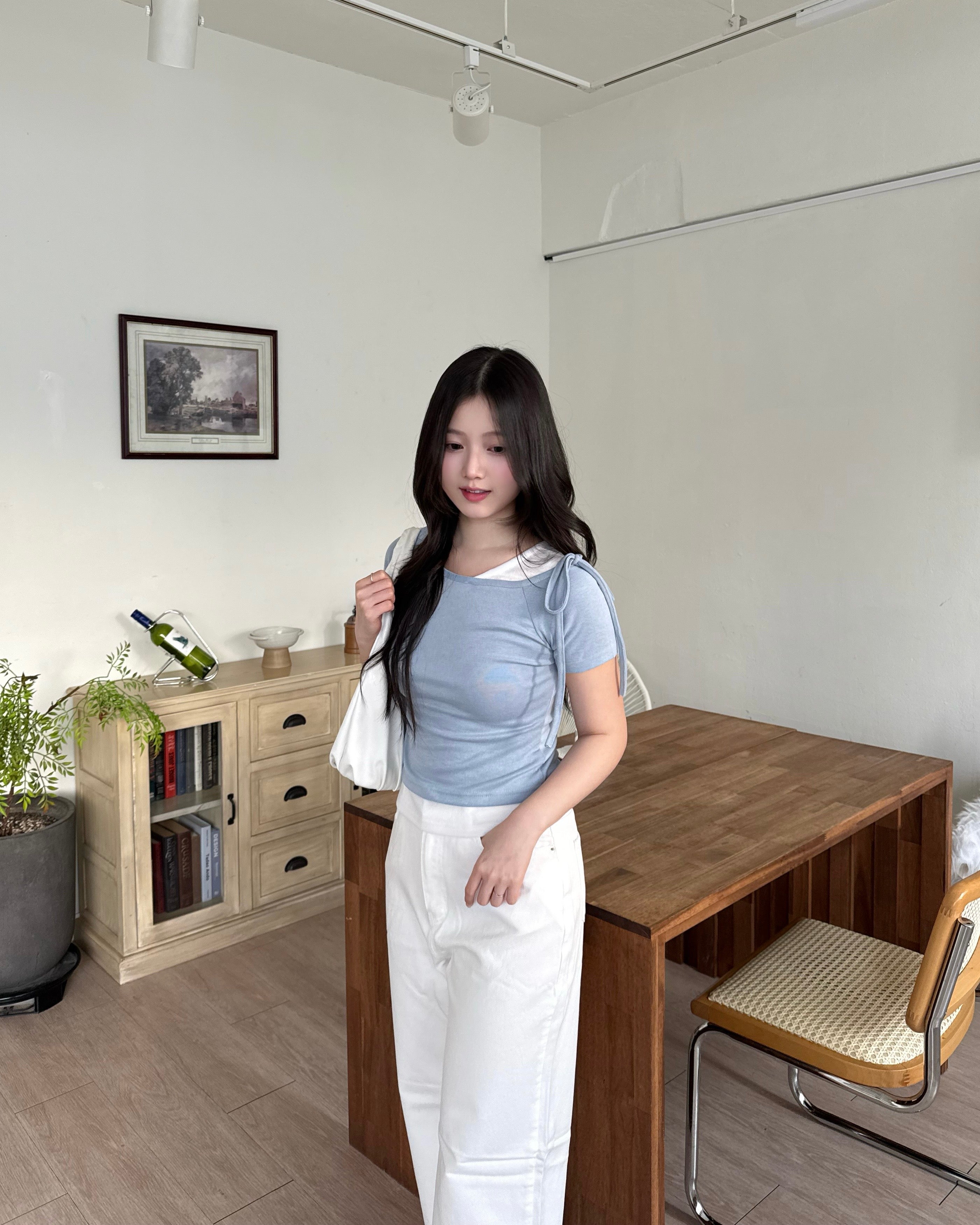 日常撞色拼接假兩件top Casual  Contrast Layered Bow Top