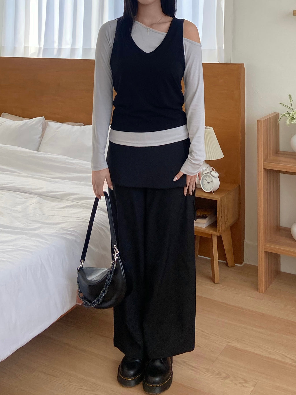 (穿搭感up!)綁帶短裙拼接直筒西褲  Ribbon-Tie Skirt-Layered Straight Pants