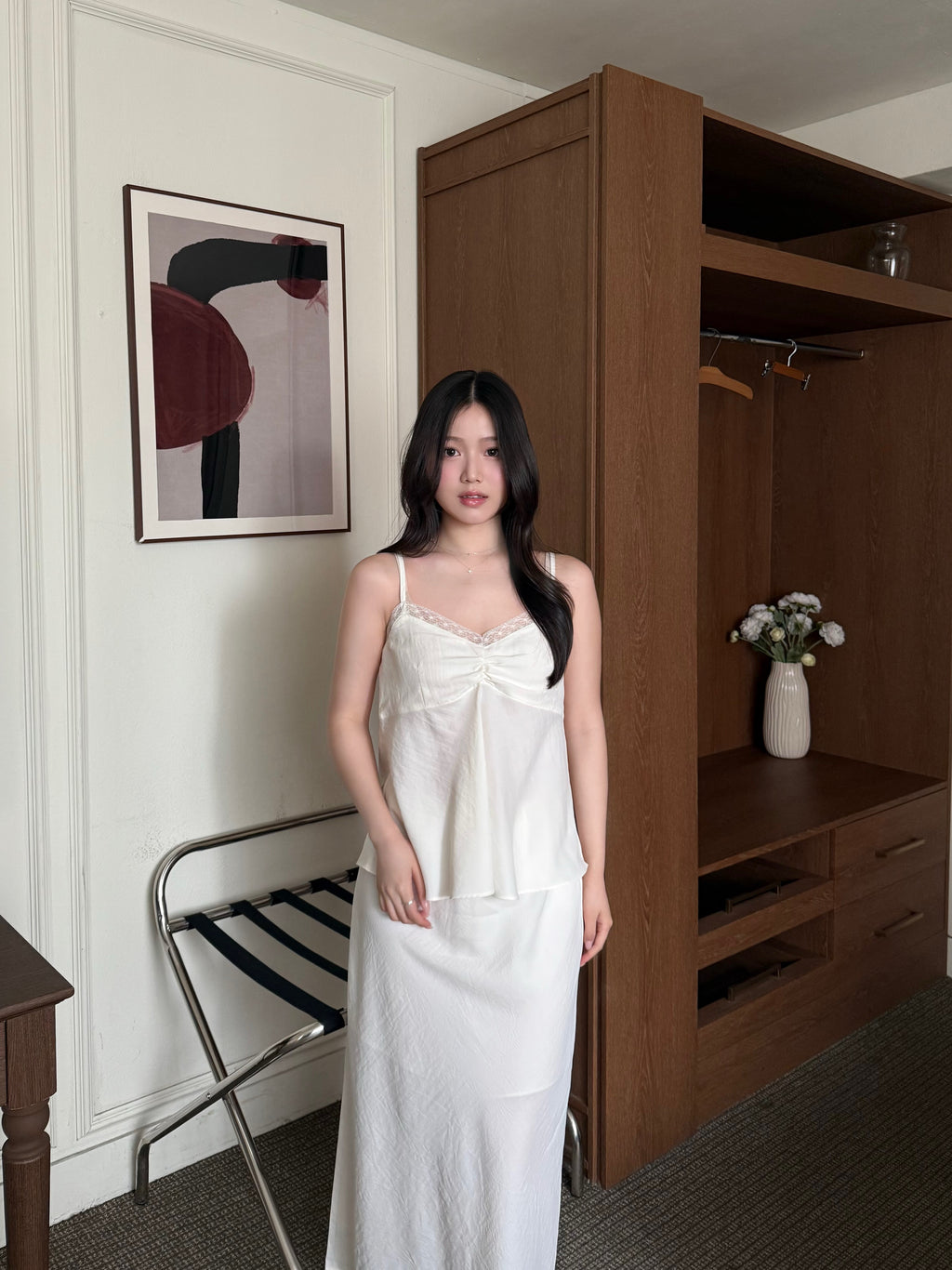 氣質溫柔lace背心長裙set | Pure White Lace Satin Two-piece Set