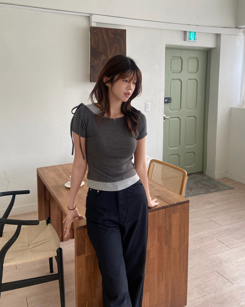 日常撞色拼接假兩件top Casual  Contrast Layered Bow Top