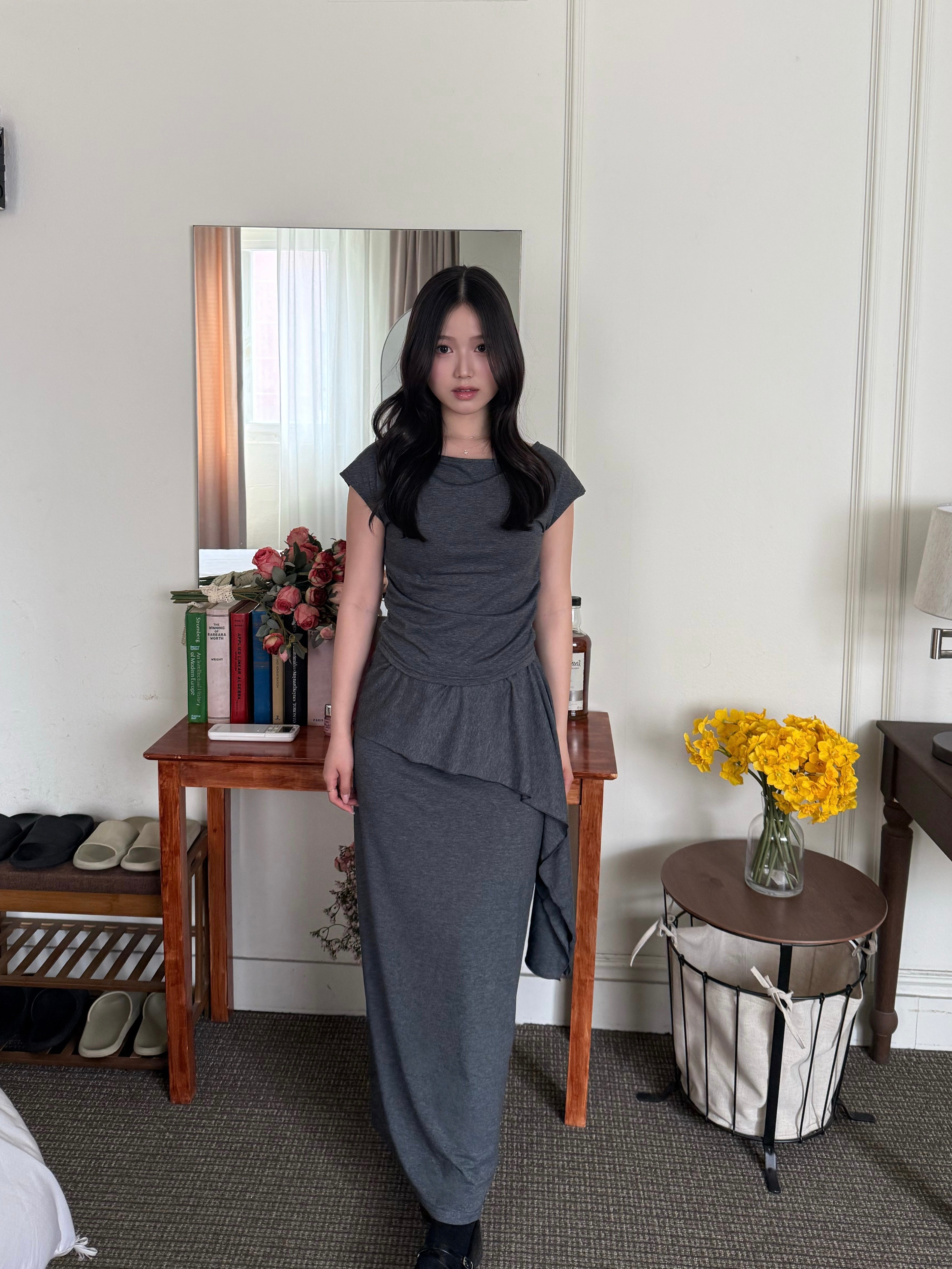 不規則抓皺垂墜短袖+長裙set	| Asymmetric Ruched Drape Set