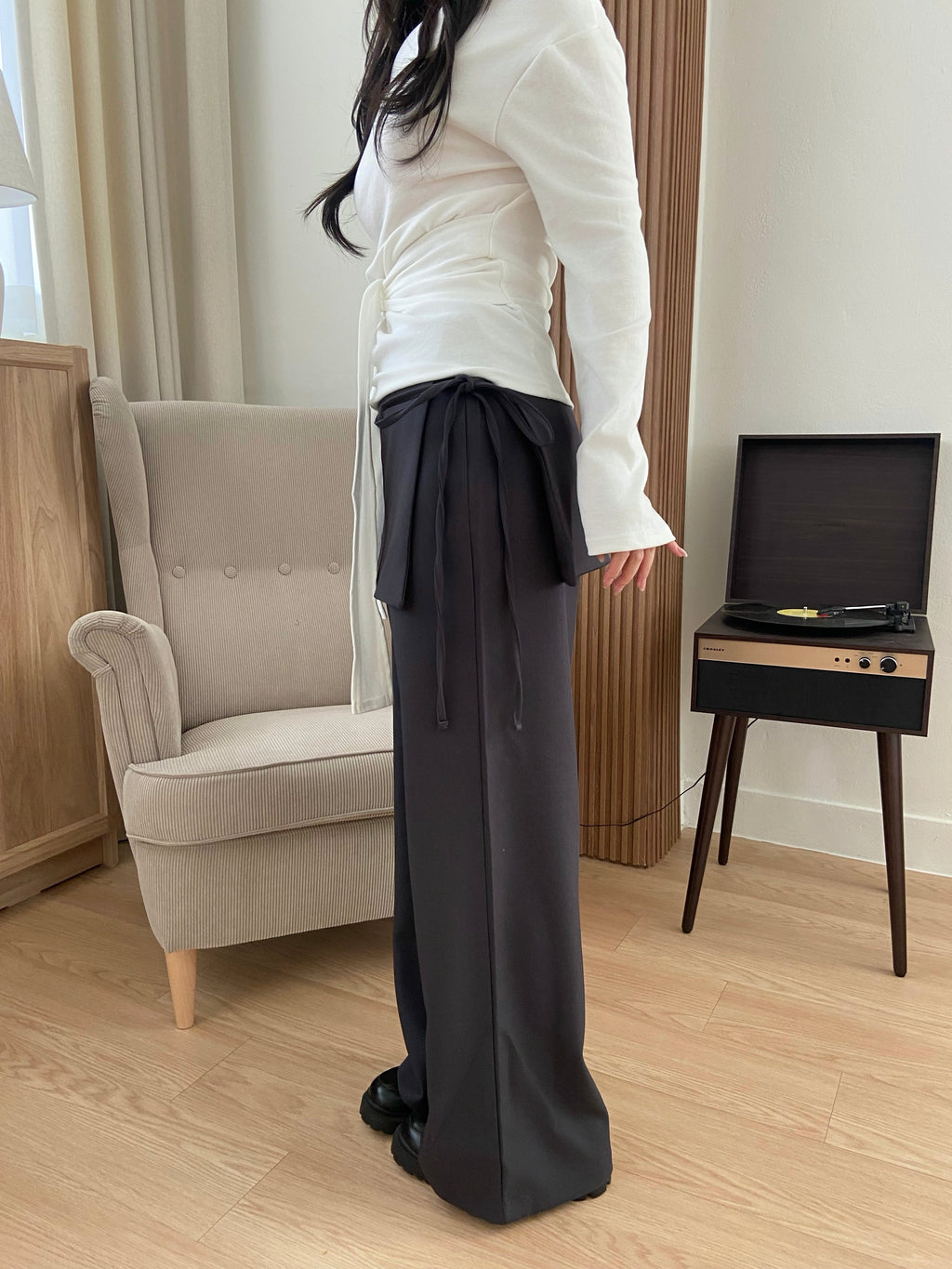 (穿搭感up!)綁帶短裙拼接直筒西褲  Ribbon-Tie Skirt-Layered Straight Pants