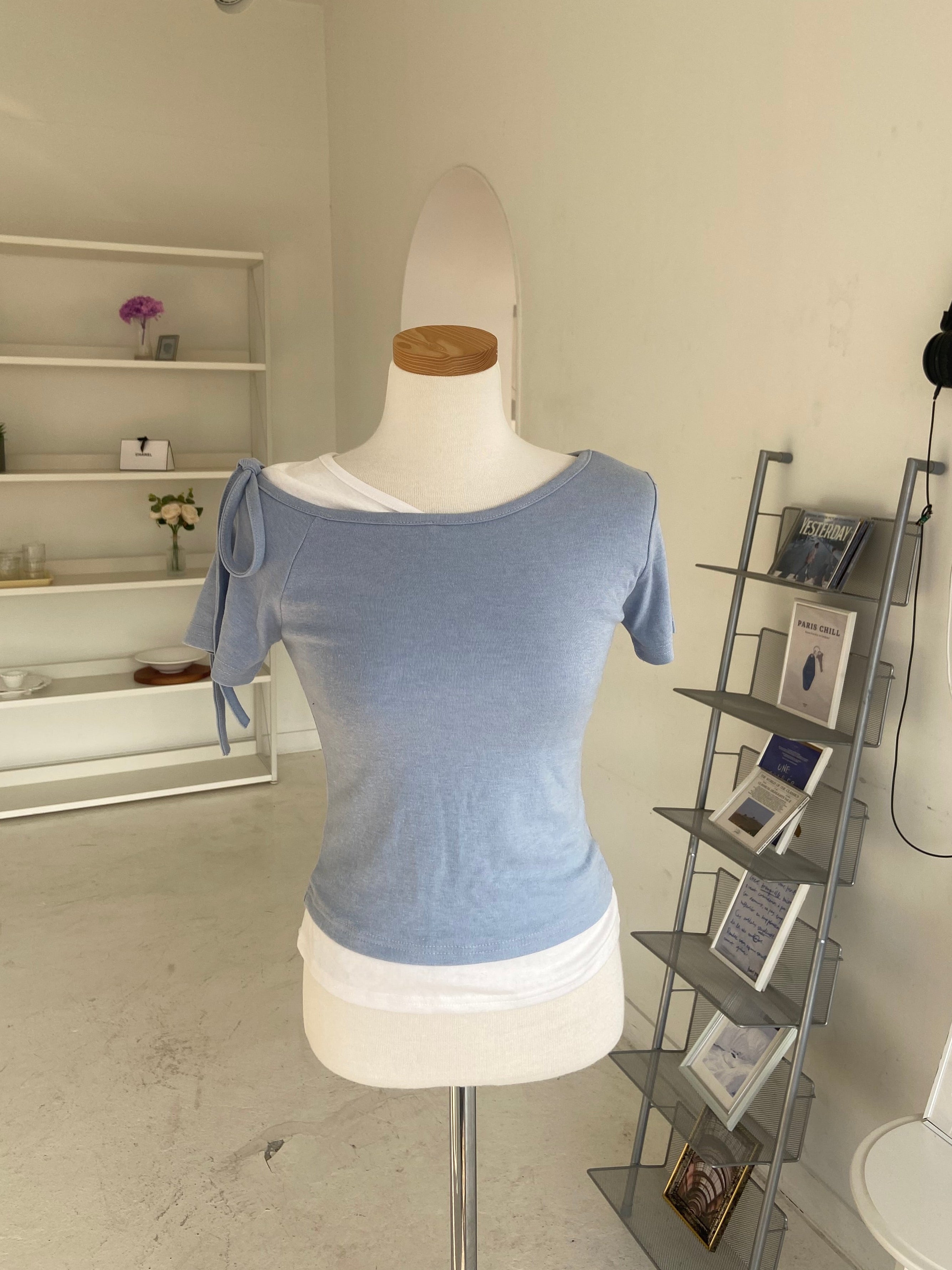 日常撞色拼接假兩件top Casual  Contrast Layered Bow Top