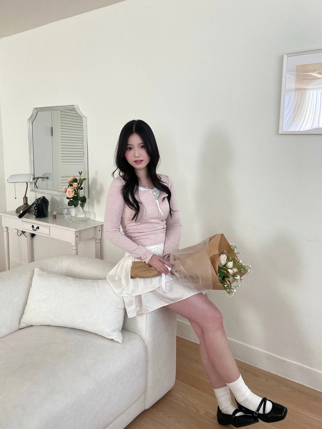 (甜美feel♡) ribbon lace假兩件top Soft Ribbon Lace Faux Layered Top