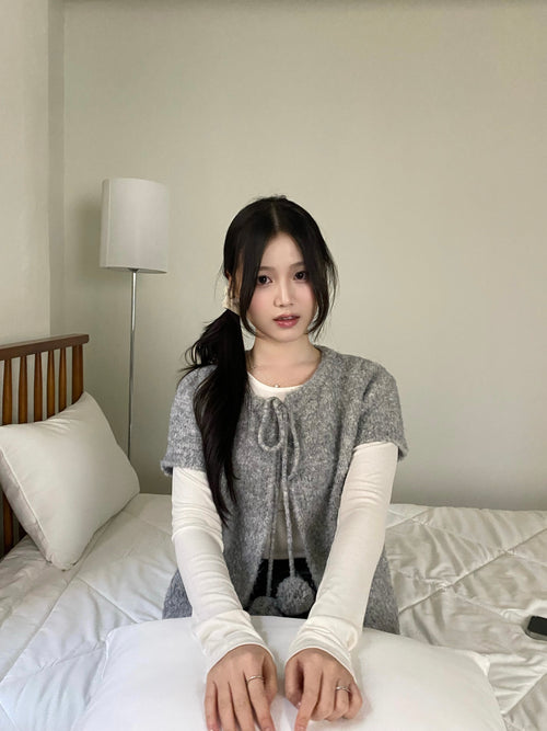 Clovery 波波綁帶針織短袖 Clovery Bobble Tie Knit Top