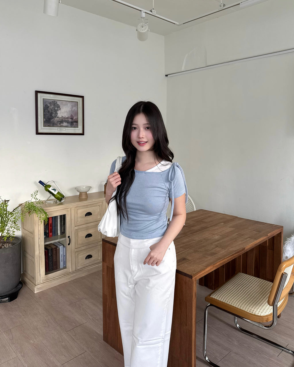 日常撞色拼接假兩件top Casual  Contrast Layered Bow Top