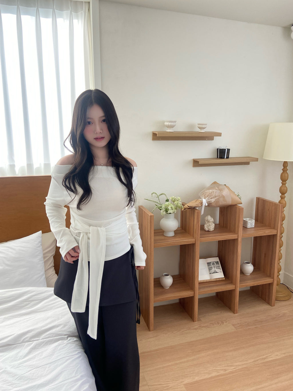 (店主自留!)一字膊垂墜綁帶收腰top Off- Shoulder Draped Tie-Detail Top