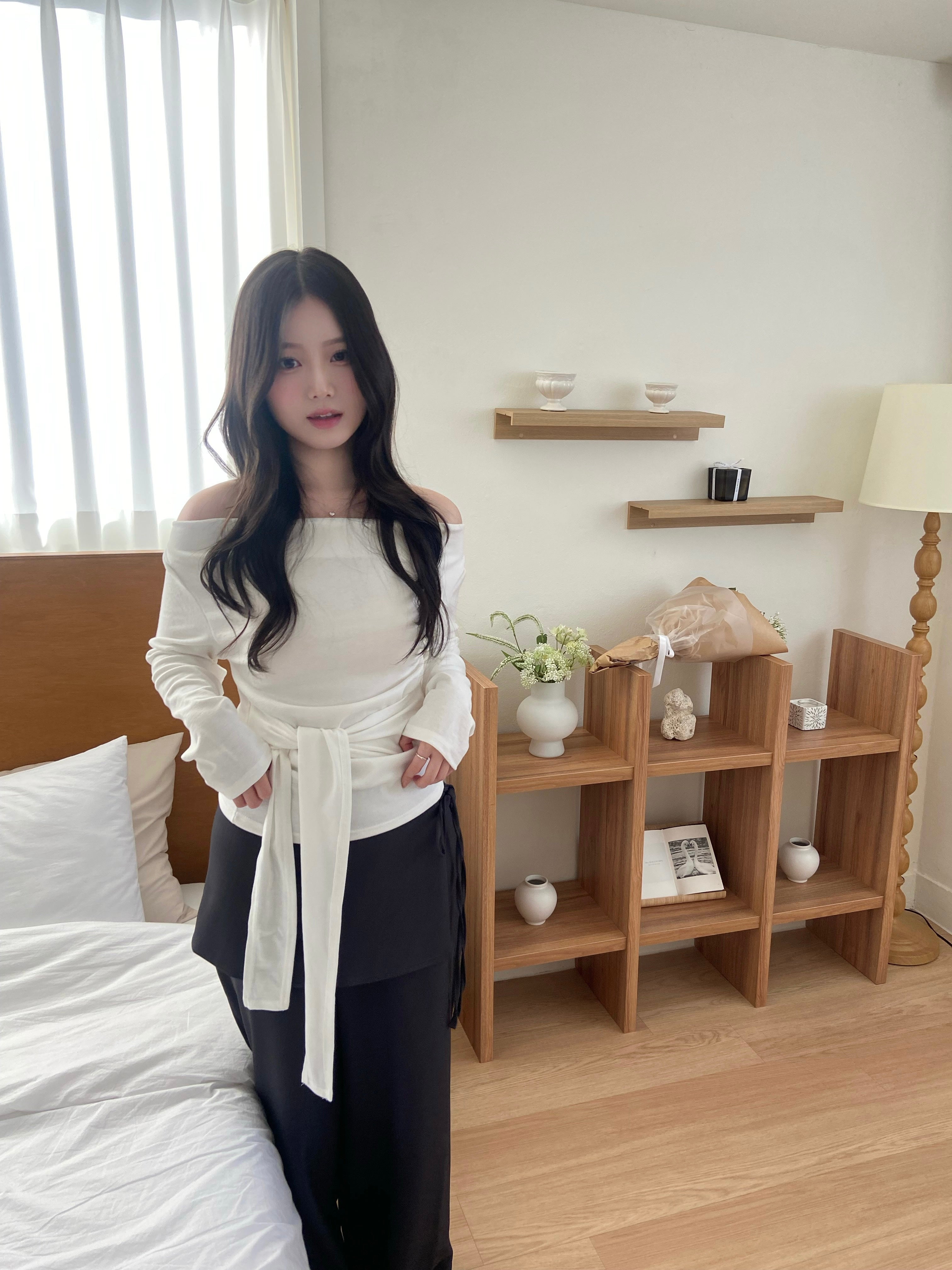 (穿搭感up!)綁帶短裙拼接直筒西褲  Ribbon-Tie Skirt-Layered Straight Pants