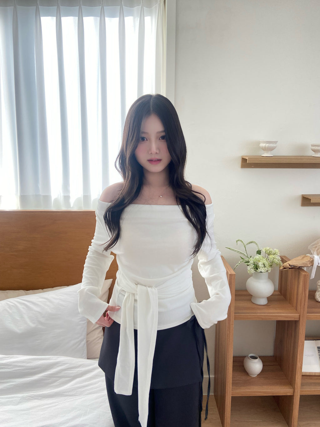 (店主自留!)一字膊垂墜綁帶收腰top Off- Shoulder Draped Tie-Detail Top