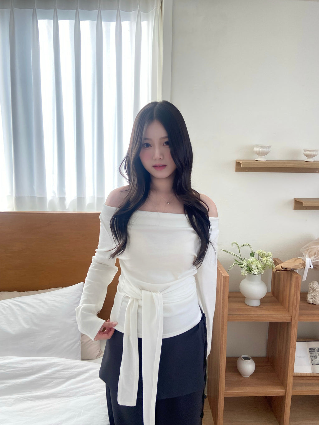 (店主自留!)一字膊垂墜綁帶收腰top Off- Shoulder Draped Tie-Detail Top