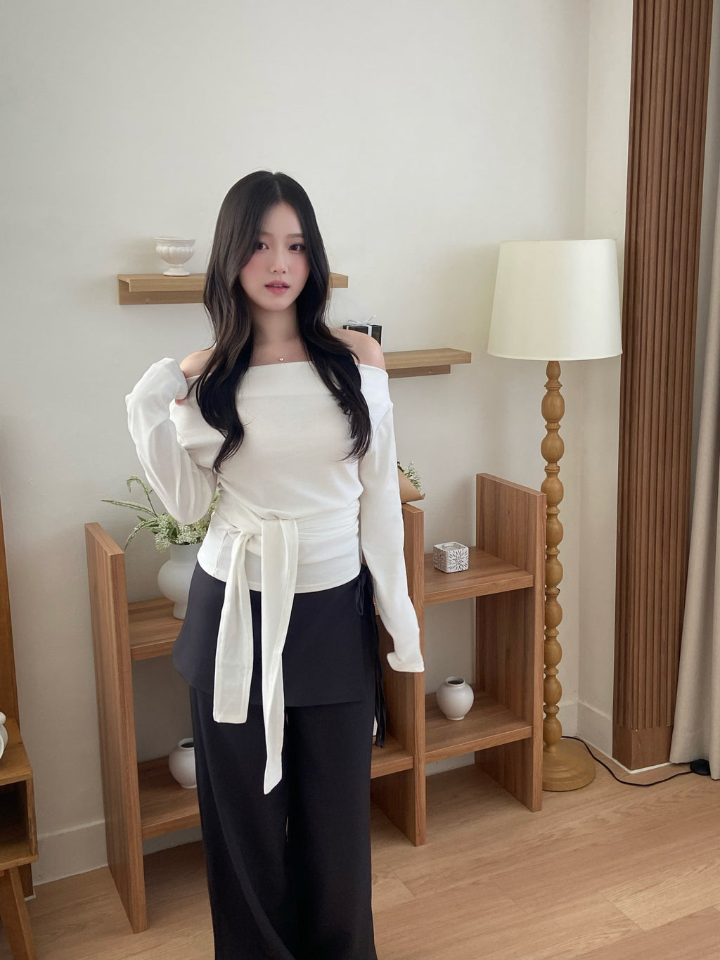 (店主自留!)一字膊垂墜綁帶收腰top Off- Shoulder Draped Tie-Detail Top