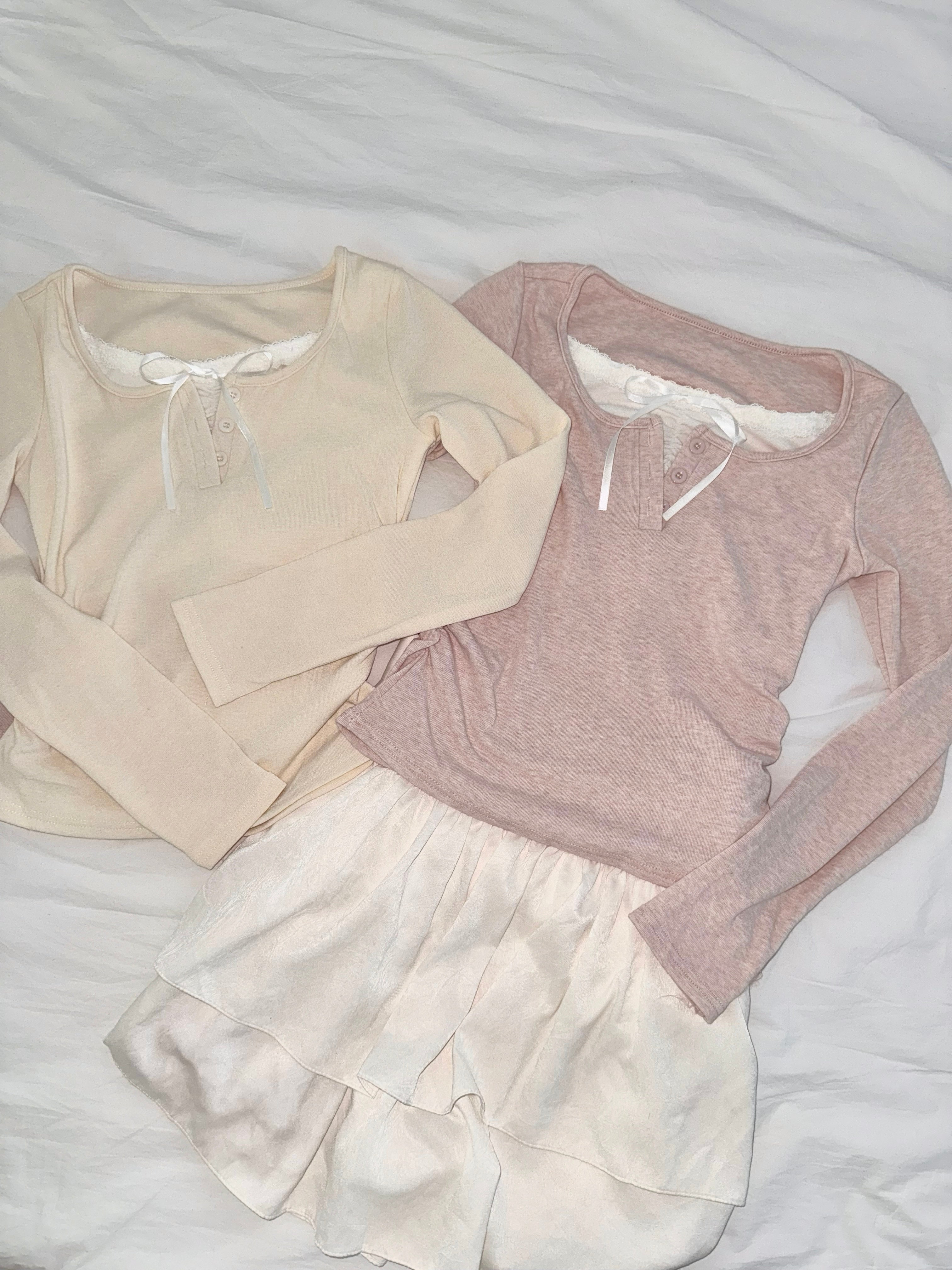 (甜美feel♡) ribbon lace假兩件top Soft Ribbon Lace Faux Layered Top