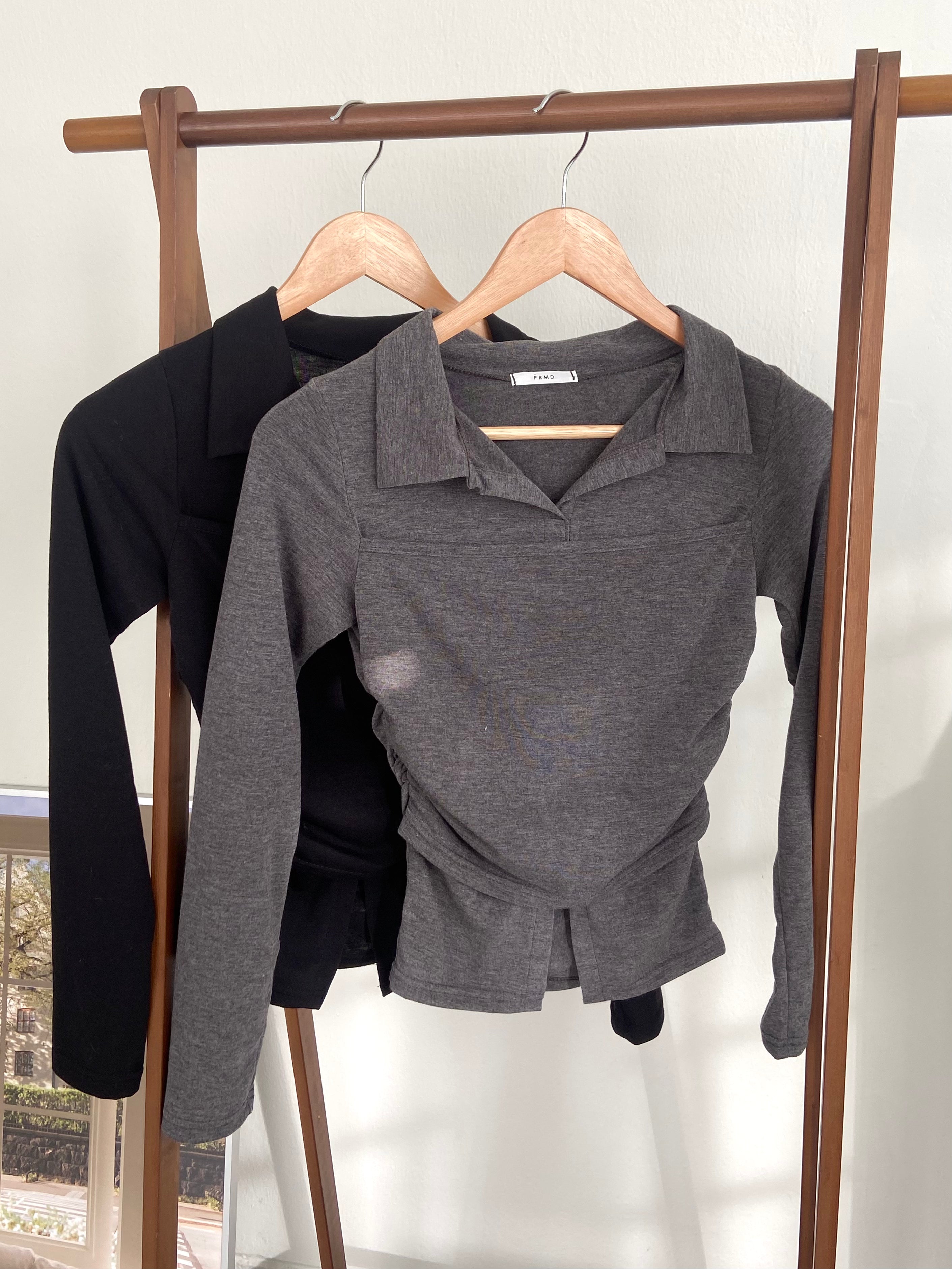 修身翻領長袖上衣 Slim-Fit Collared Long Sleeve Top