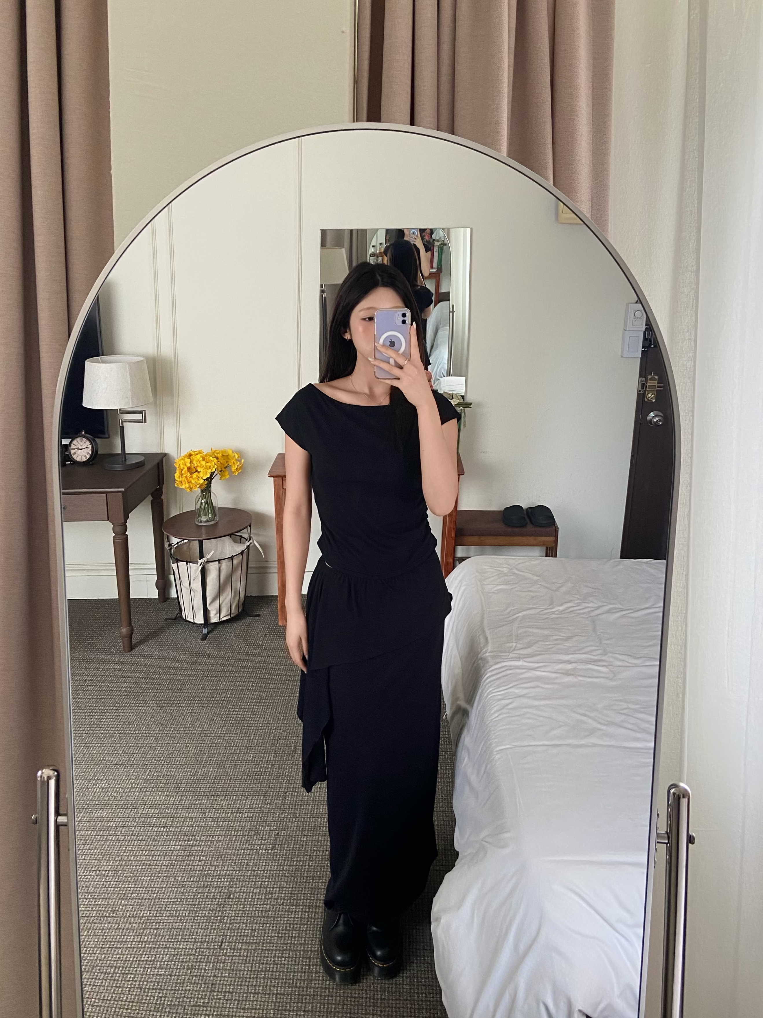 不規則抓皺垂墜短袖+長裙set	| Asymmetric Ruched Drape Set