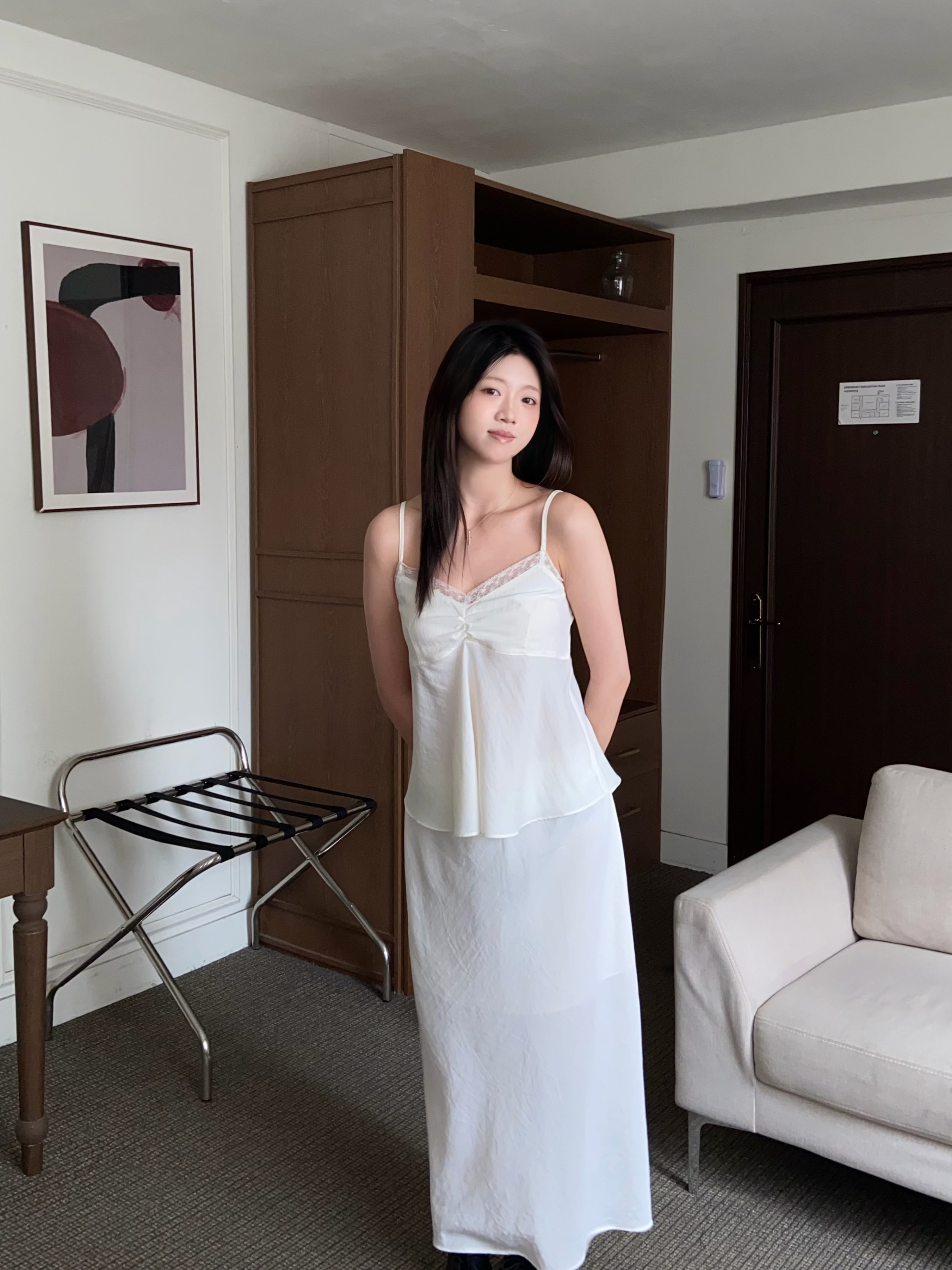 氣質溫柔lace背心長裙set | Pure White Lace Satin Two-piece Set