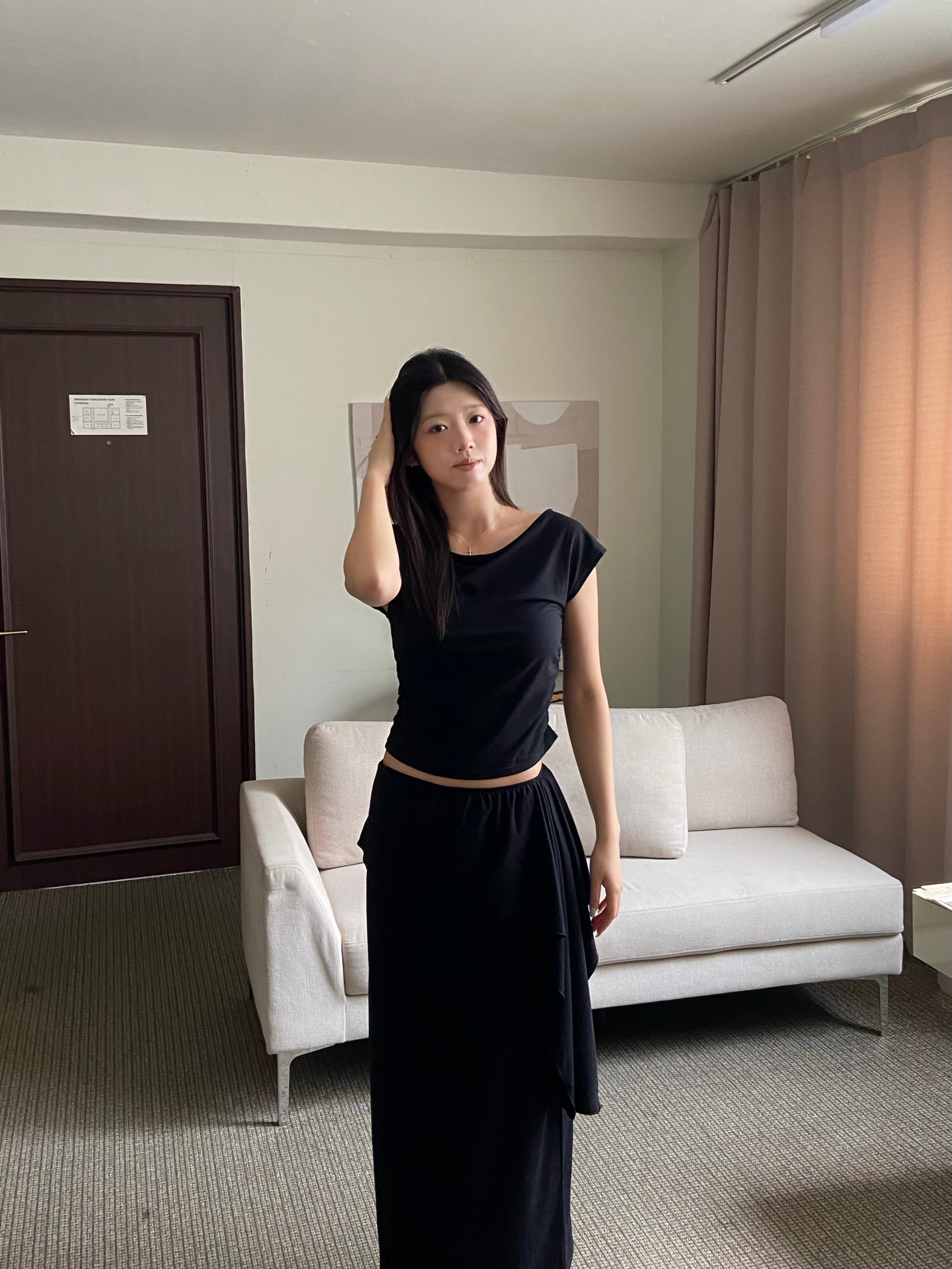 不規則抓皺垂墜短袖+長裙set	| Asymmetric Ruched Drape Set