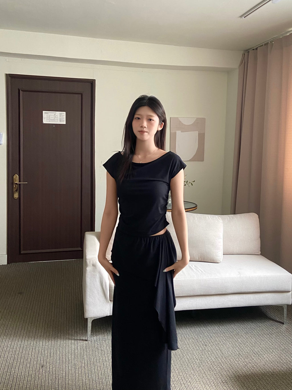 不規則抓皺垂墜短袖+長裙set	| Asymmetric Ruched Drape Set