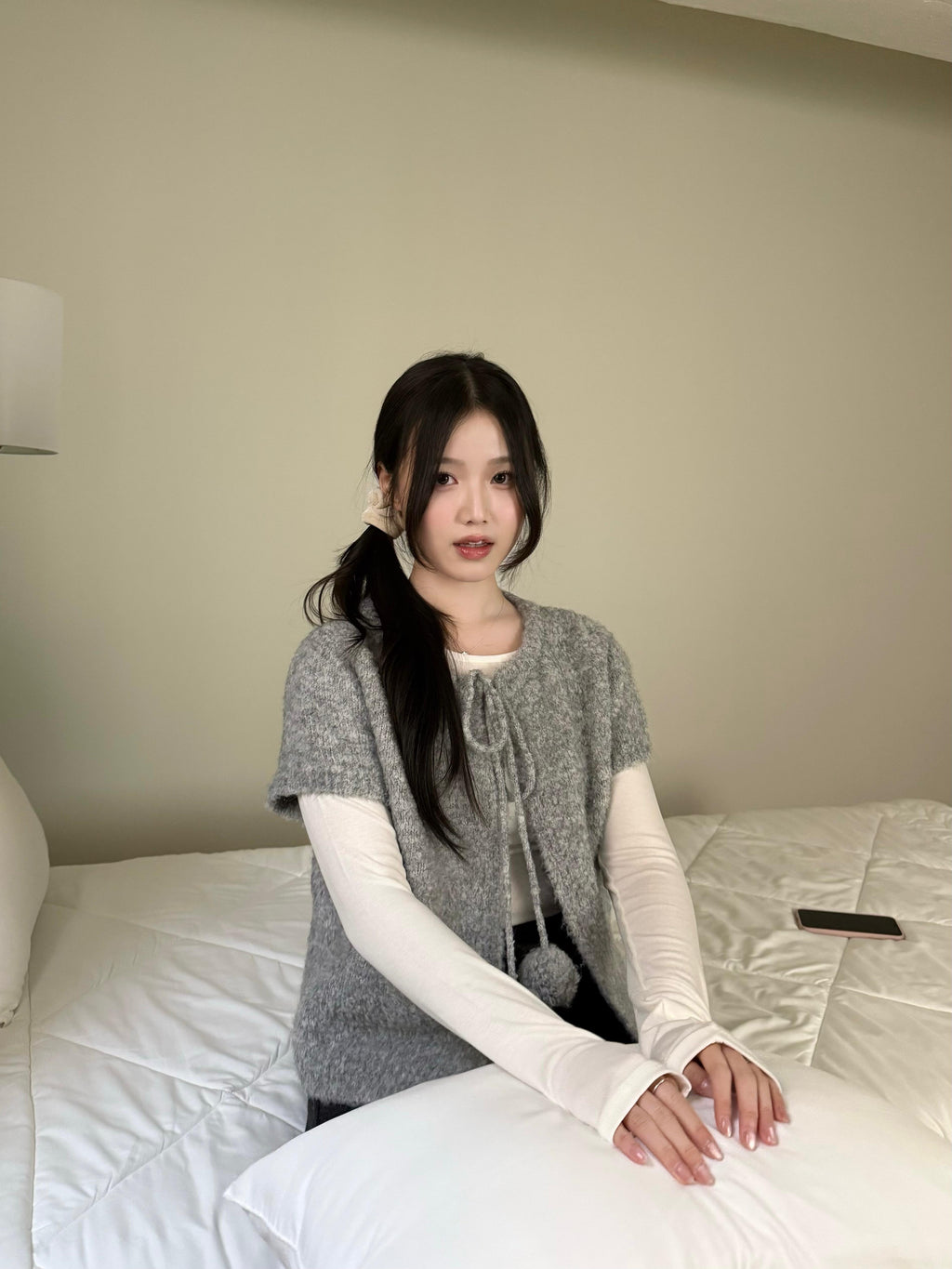 Clovery 波波綁帶針織短袖 Clovery Bobble Tie Knit Top